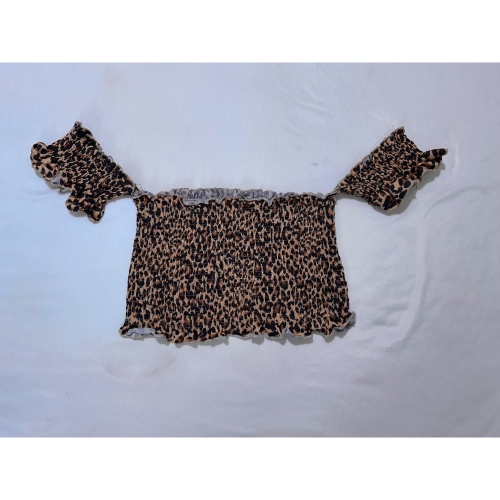 Shein Women Leopard Print Smocked Off The Shoulder Crop Top 2XL Brown Animal